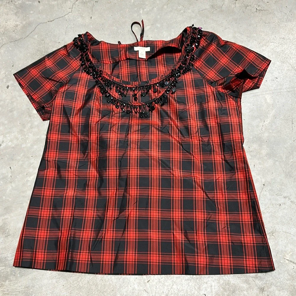 J. Crew Plaid Eliza Tee Short Sleeve Blouse 100%‎ Silk Size 8 / Ww-27